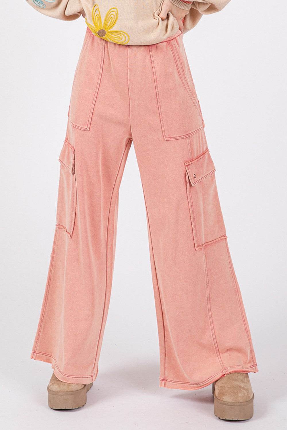 SAGE + FIG Knit Terry Mineral Wash Wide Leg Pants - DaTrendStore.Com