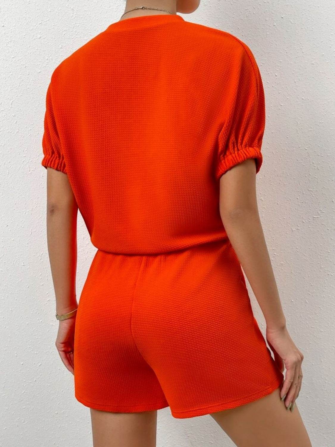 Waffle-Knit Round Neck T-Shirt and Pocketed Shorts Lounge Set - DaTrendStore.Com