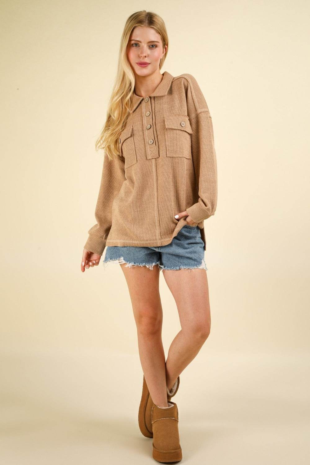 VERY J Collared Half Button Knit Top with Pockets - DaTrendStore.Com