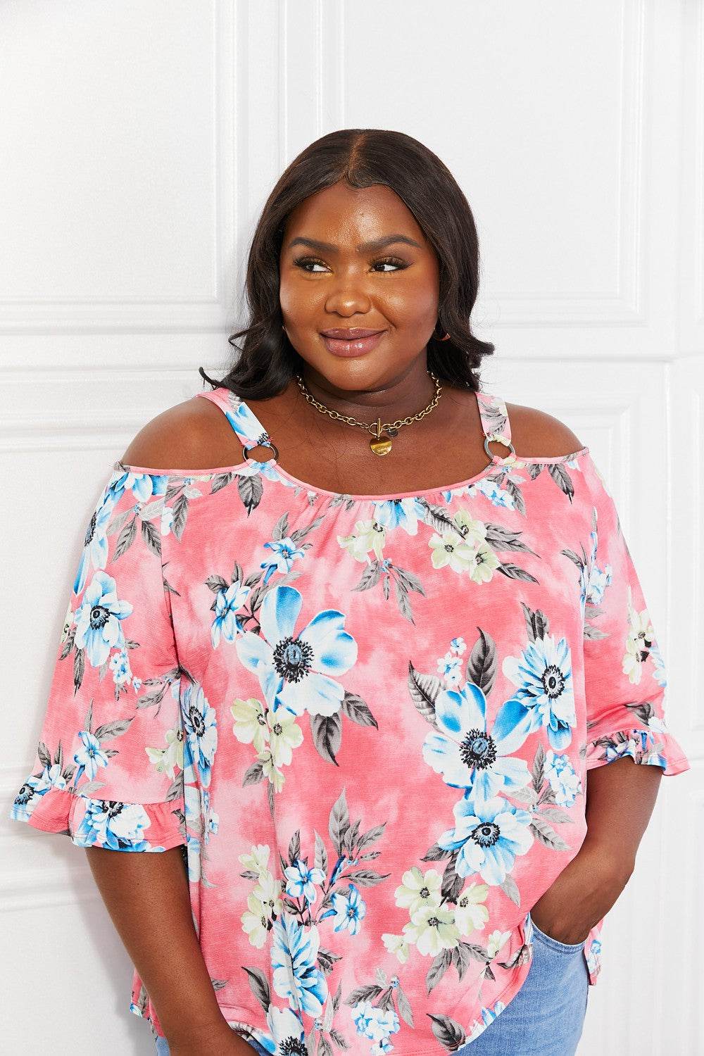 Sew In Love Full Size Fresh Take Floral Cold-Shoulder Top - DaTrendStore.Com