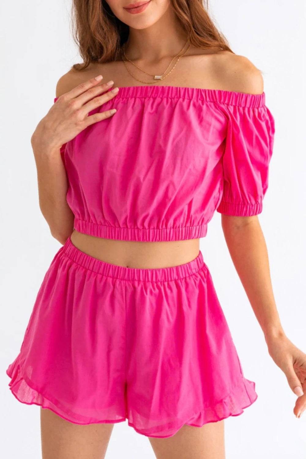Le Lis Off Shoulder Crop Top and Ruffled Shorts Set - DaTrendStore.Com
