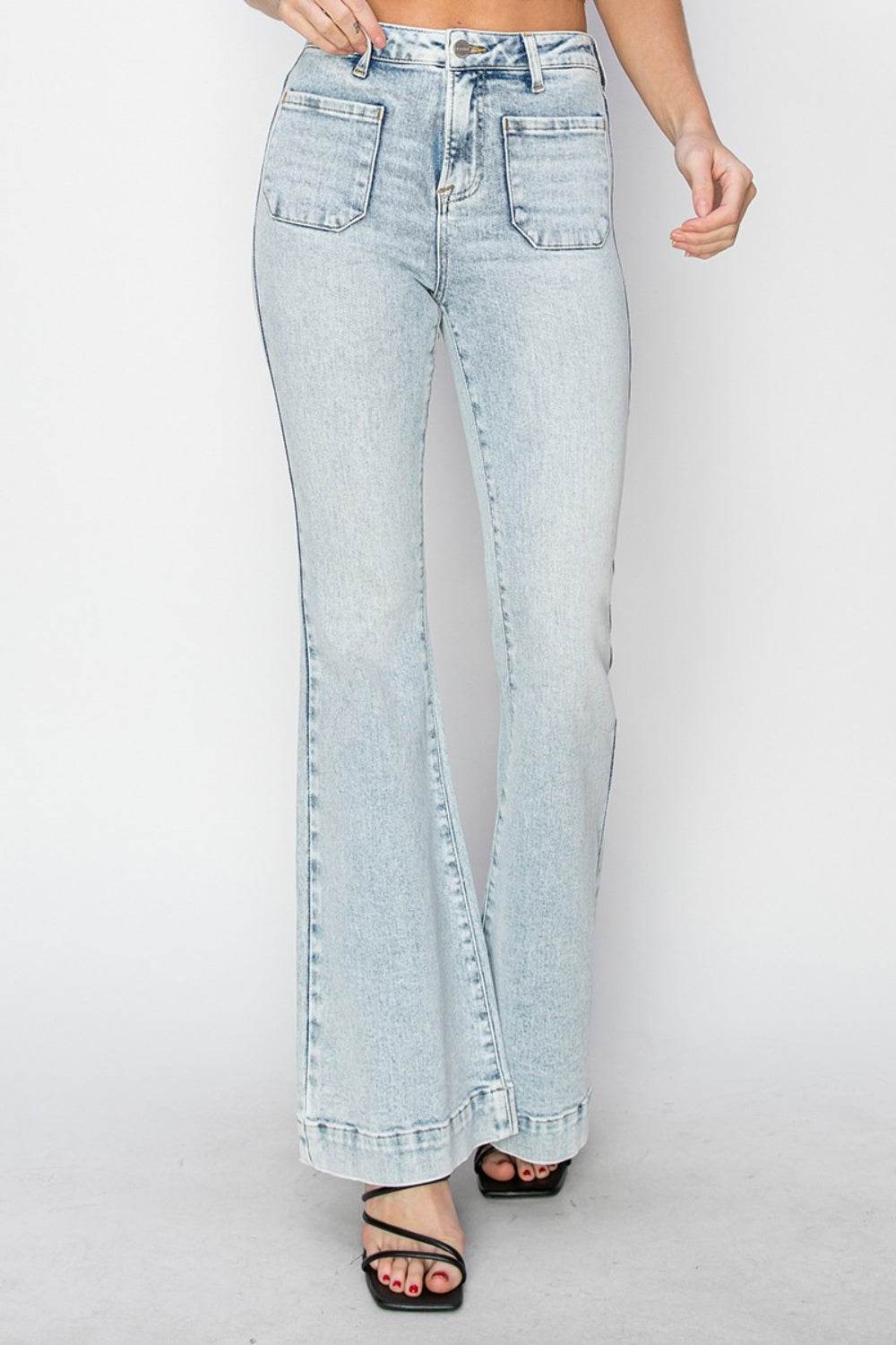 Risen Full Size High Rise Front Patch Pocket Flare Jeans - DaTrendStore.Com