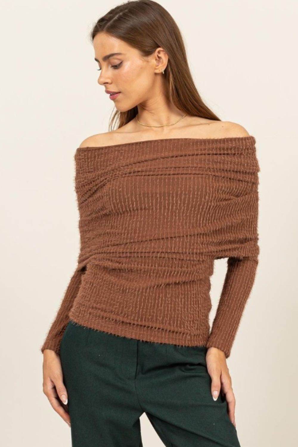 HYFVE Fuzzy Off Shoulder Textured Knit Top - DaTrendStore.Com