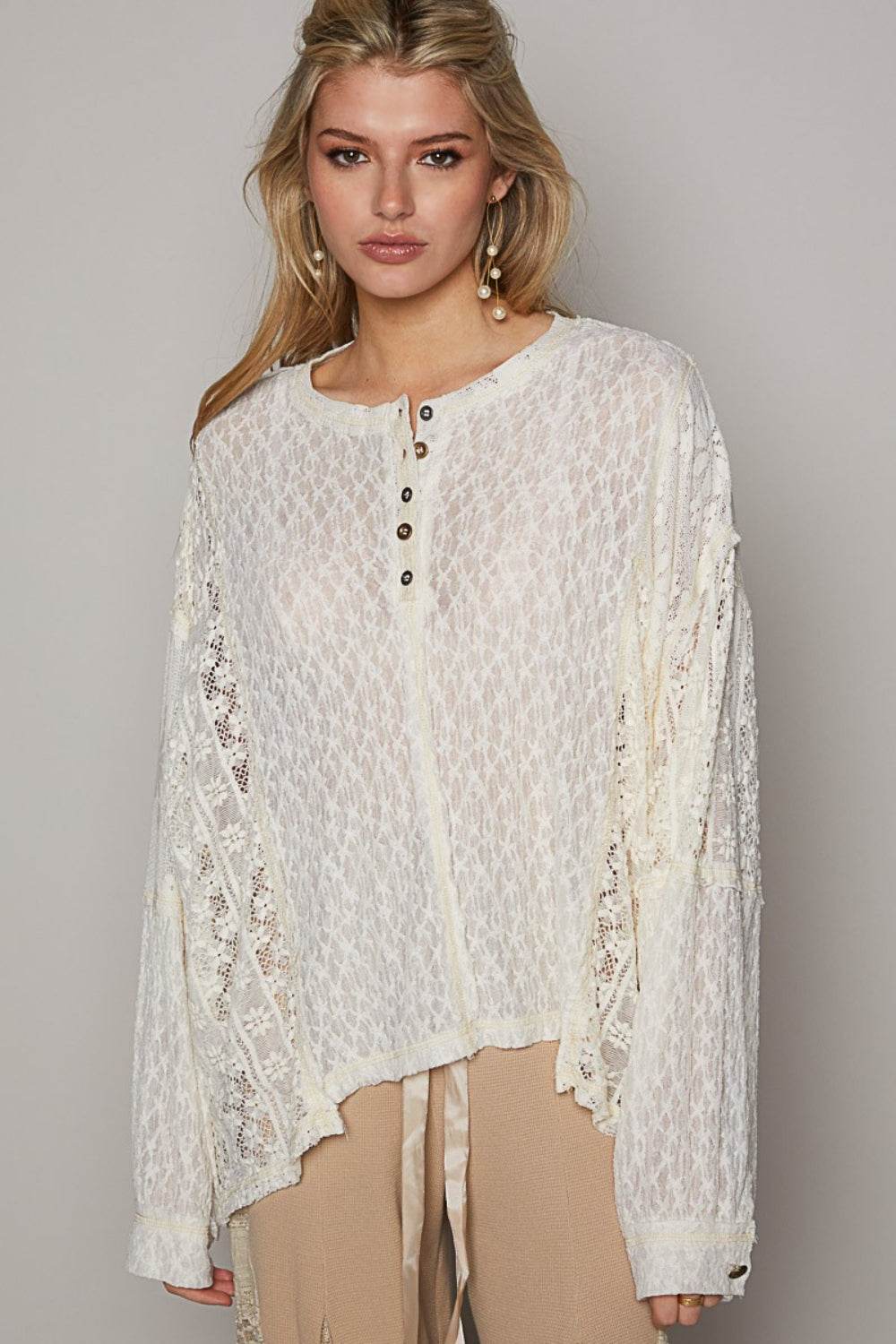 POL Round Neck Long Sleeve Raw Edge Lace Top - DaTrendStore.Com