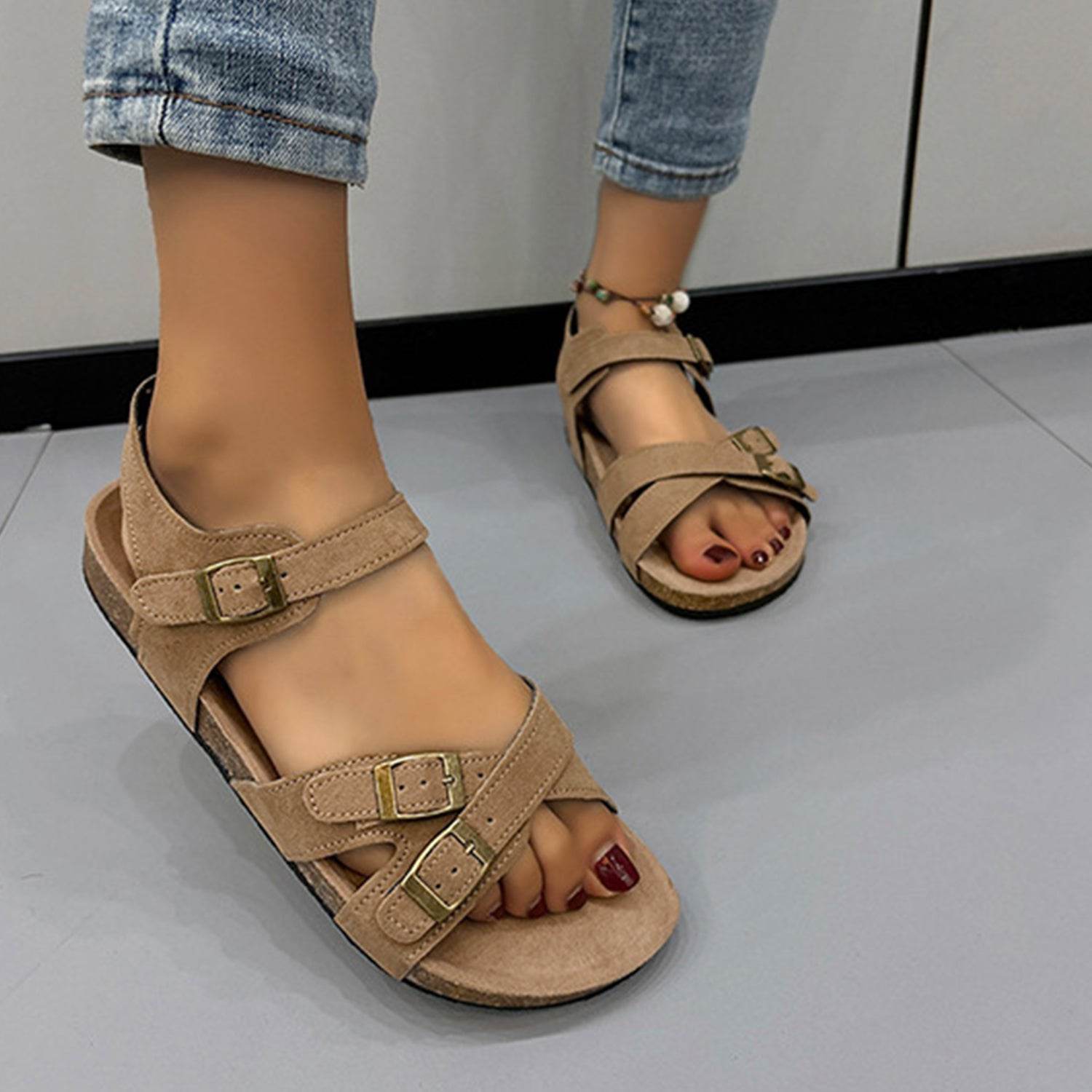 Open Toe Flat Buckle Sandals - DaTrendStore.Com