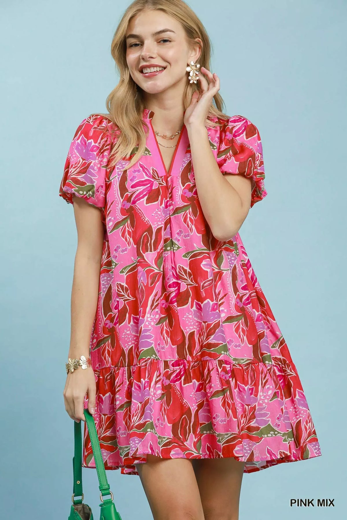Umgee Tropical Floral Puff Sleeve Tiered Mini Dress - Pink Mix