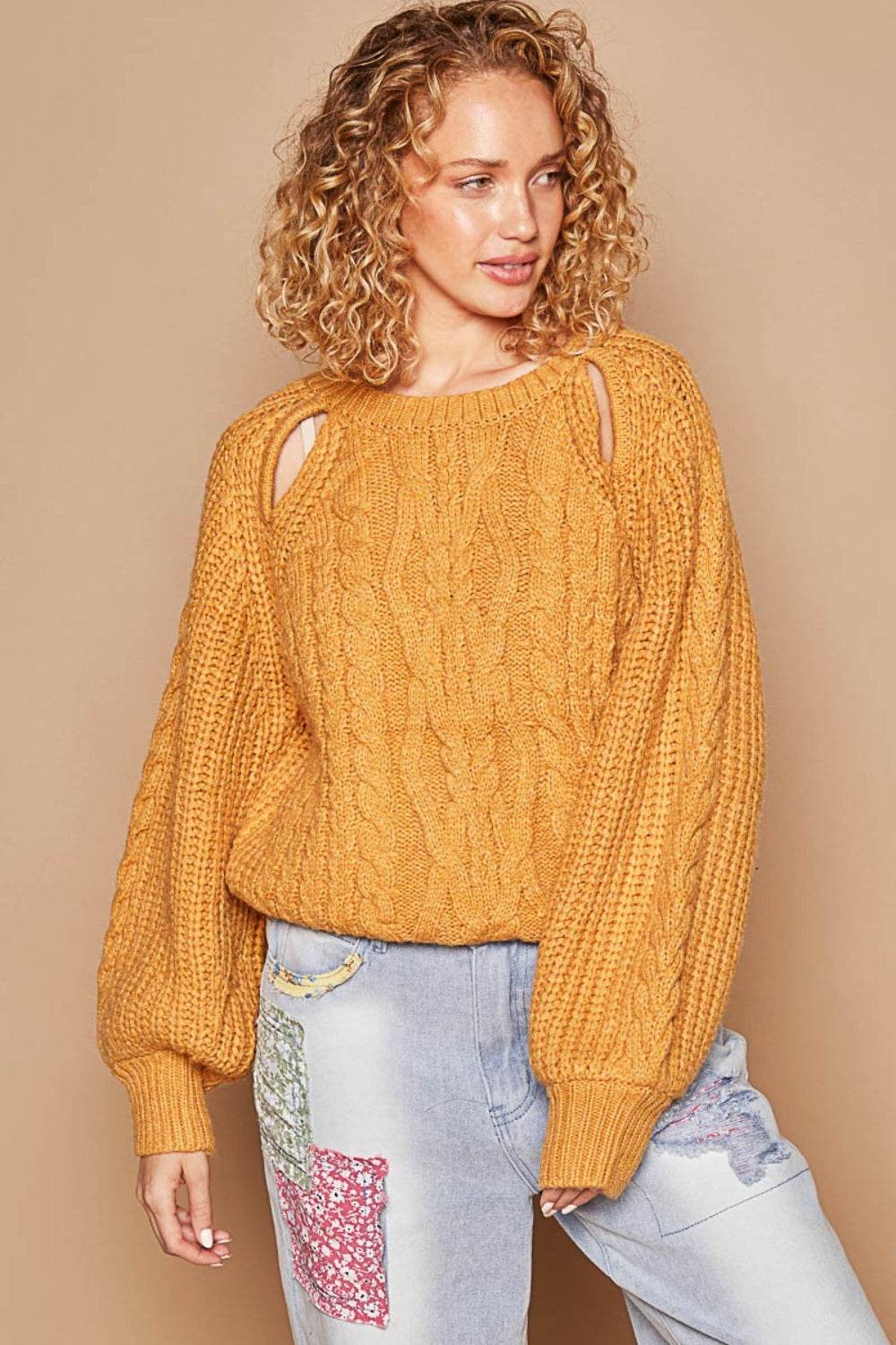 POL Cable Knit Cutout Long Sleeve Sweater - DaTrendStore.Com