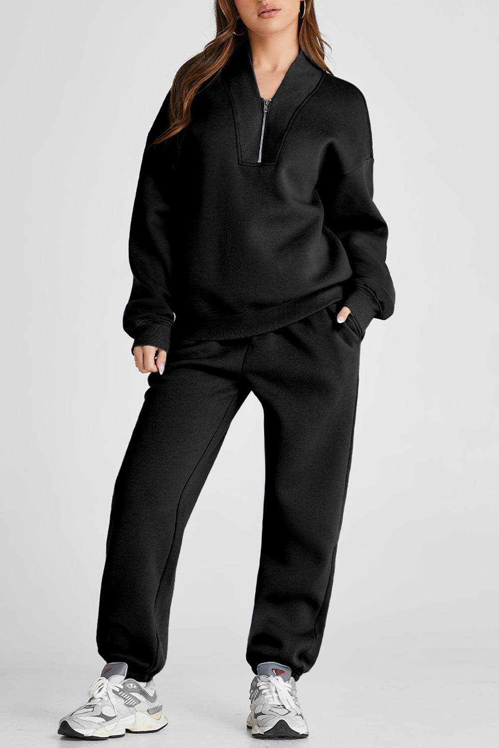 Quarter Zip Long Sleeve Top and Pants Set - DaTrendStore.Com