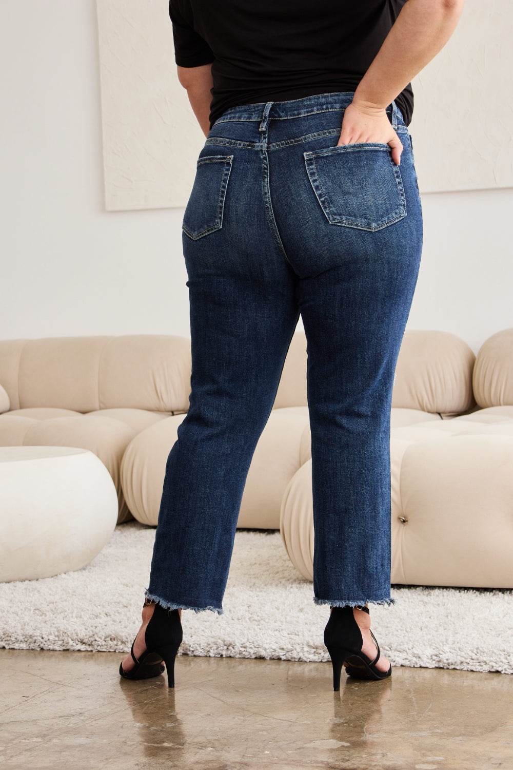 RFM Crop Dylan Full Size Tummy Control Distressed High Waist Raw Hem Jeans - DaTrendStore.Com