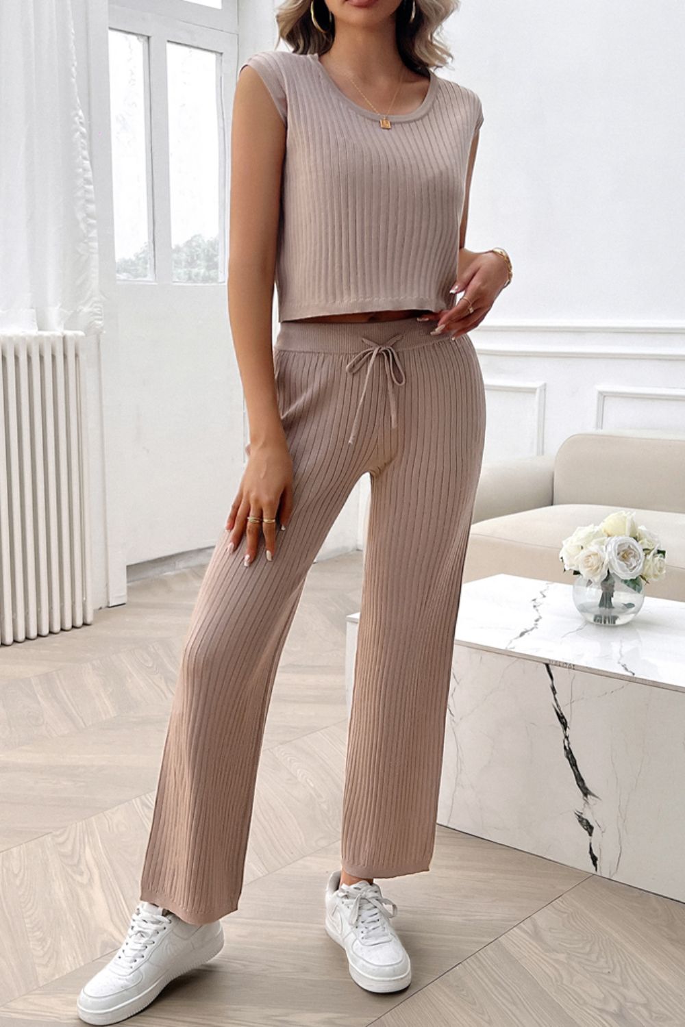 Devine Ribbed Round Neck Top and Pants Set