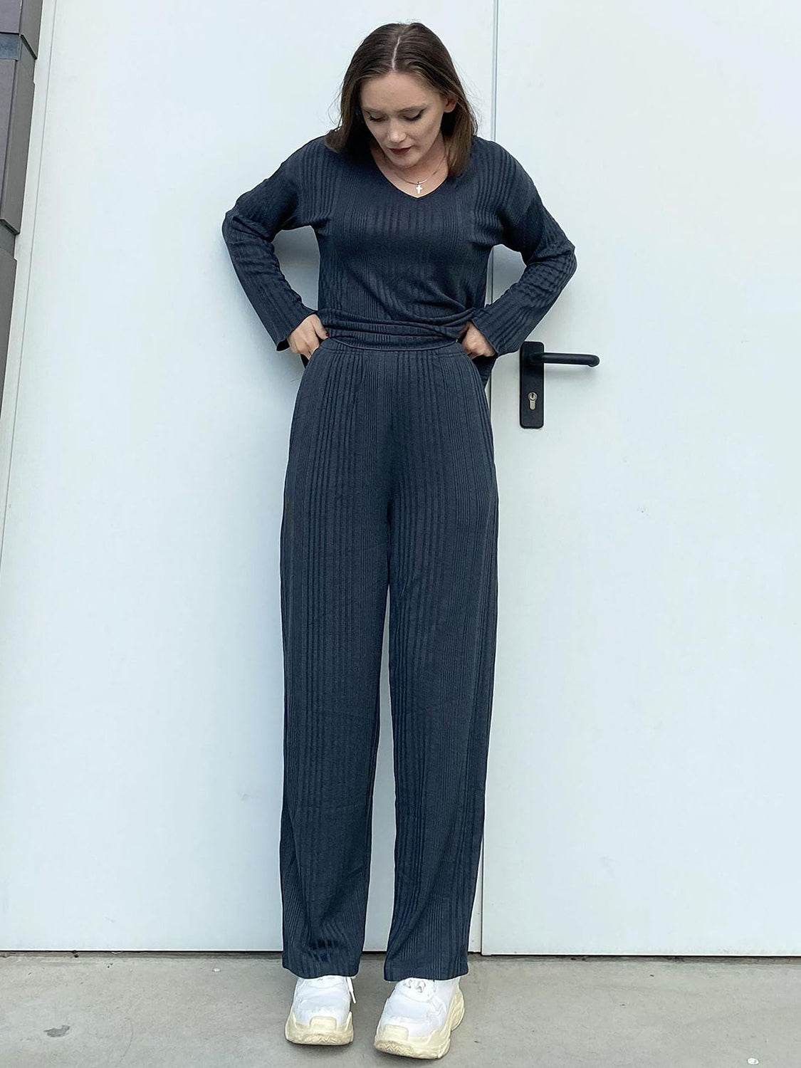 V-Neck Long Sleeve Top and Pants Set - DaTrendStore.Com