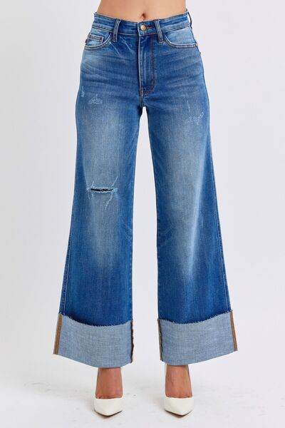 Judy Blue Full Size Distressed High Waist Wide Leg Jeans - DaTrendStore.Com