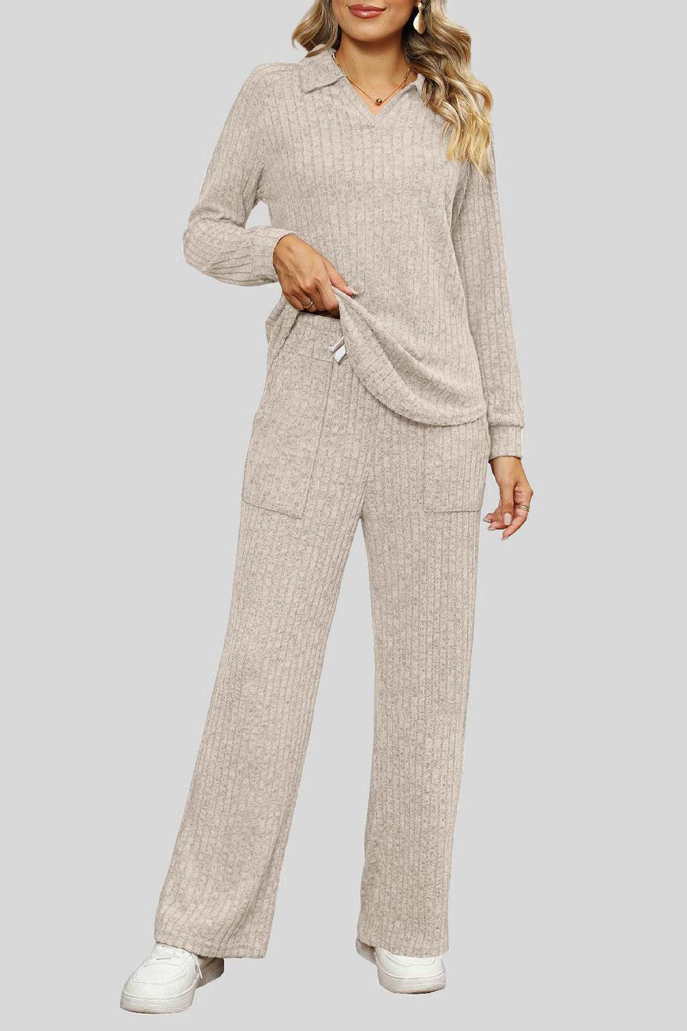 Ribbed Long Sleeve Top and Pocketed Pants Set - DaTrendStore.Com