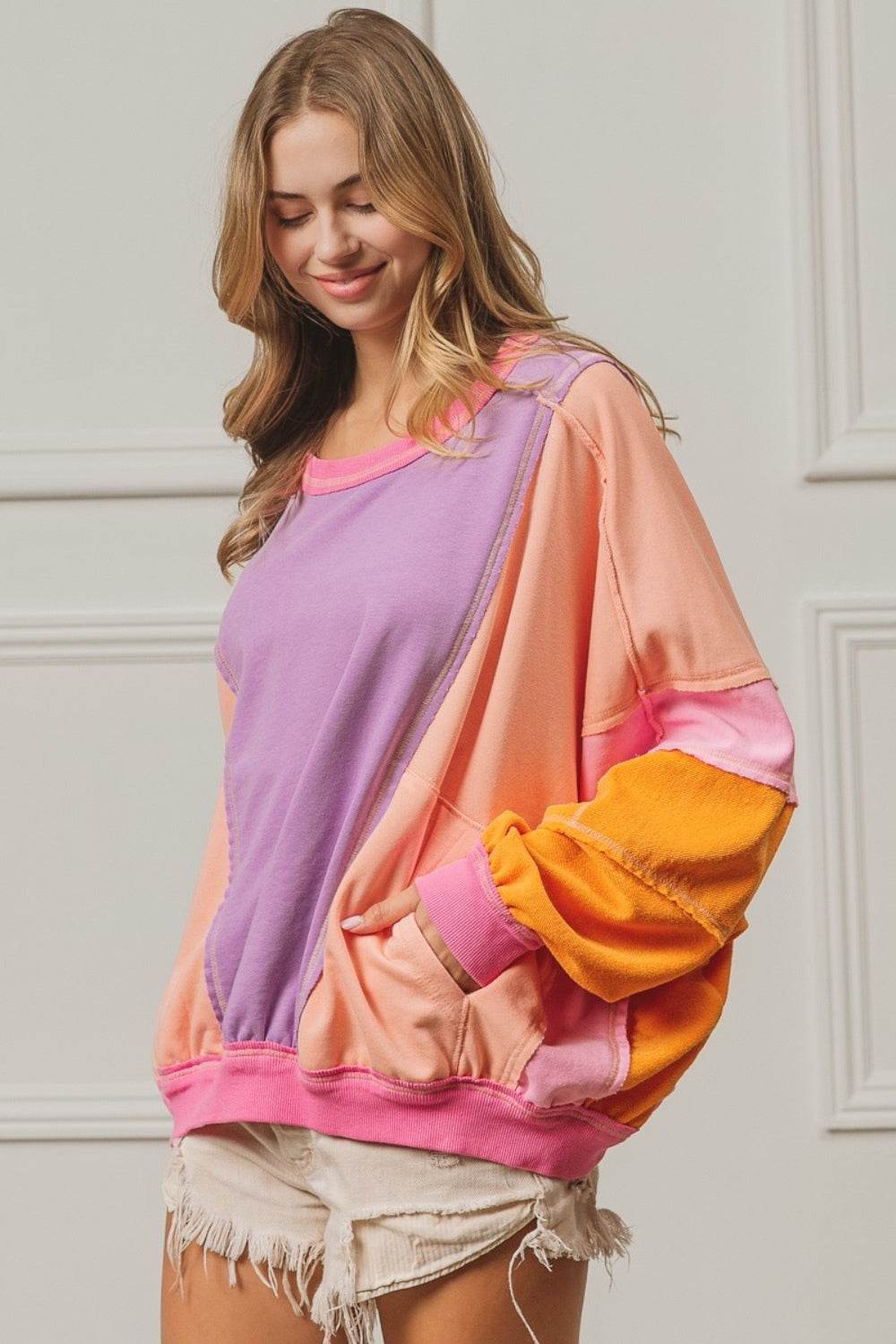 BiBi Color Block Exposed Seam Sweatshirt with Pockets - DaTrendStore.Com