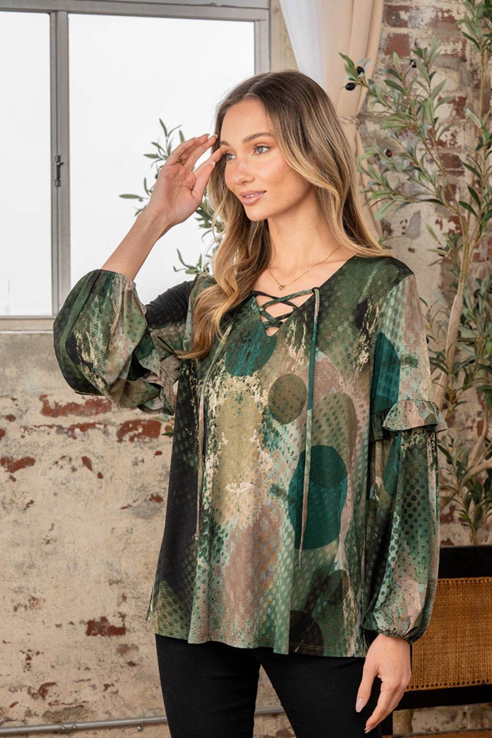 Sew In Love Full Size Snakeskin Print Long Sleeve Top with Ruffle - DaTrendStore.Com