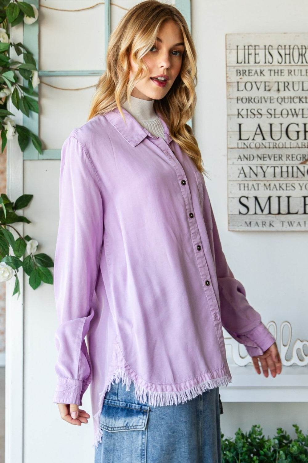 Veveret Raw Hem Button Up Long Sleeve Shirt - DaTrendStore.Com