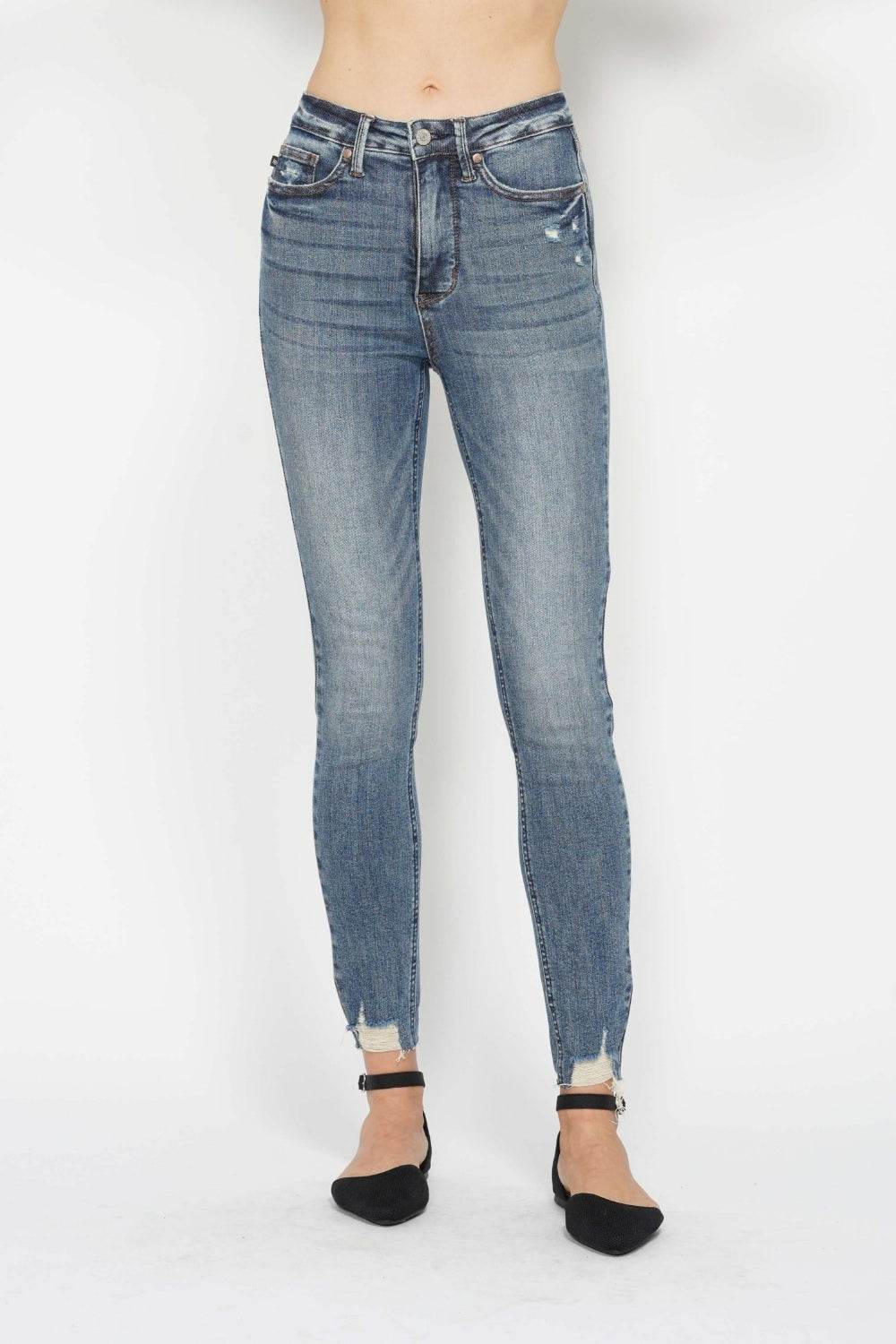 Judy Blue Full Size Tummy Control Vintage Wash Hem Destroy Skinny Jeans - DaTrendStore.Com