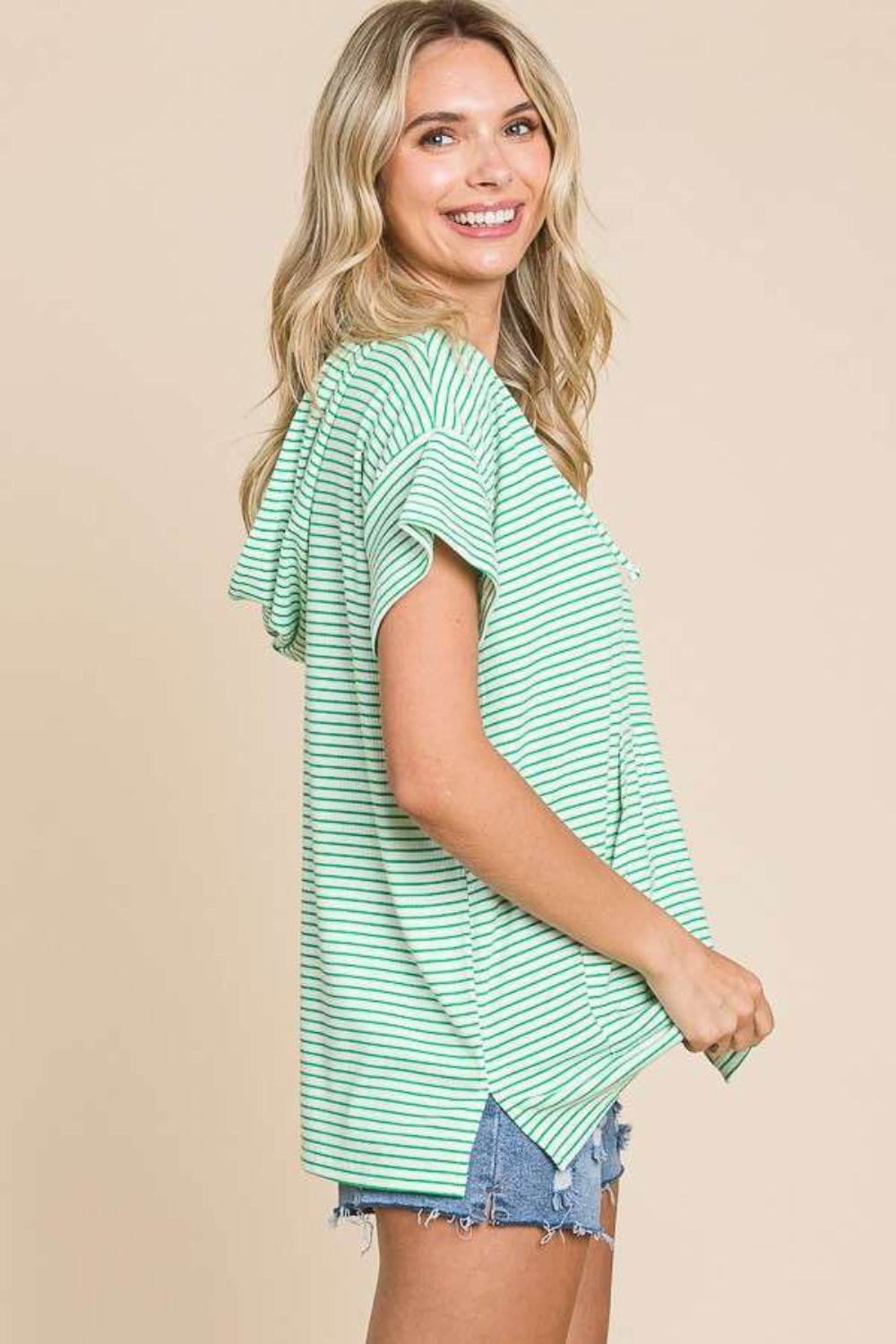 Culture Code Full Size Striped Short Sleeve Hooded Top - DaTrendStore.Com