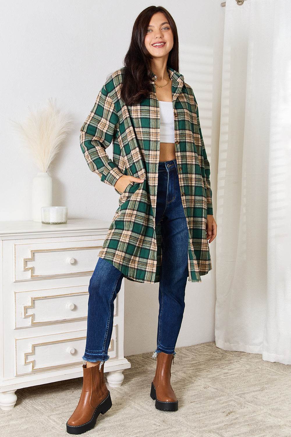 Mandy Plaid Collared Neck Long Sleeve Shirt - DaTrendStore.Com