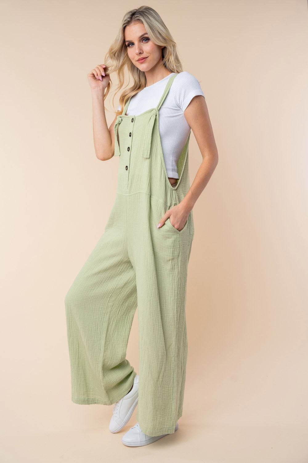 White Birch Texture Sleeveless Wide Leg Jumpsuit - DaTrendStore.Com