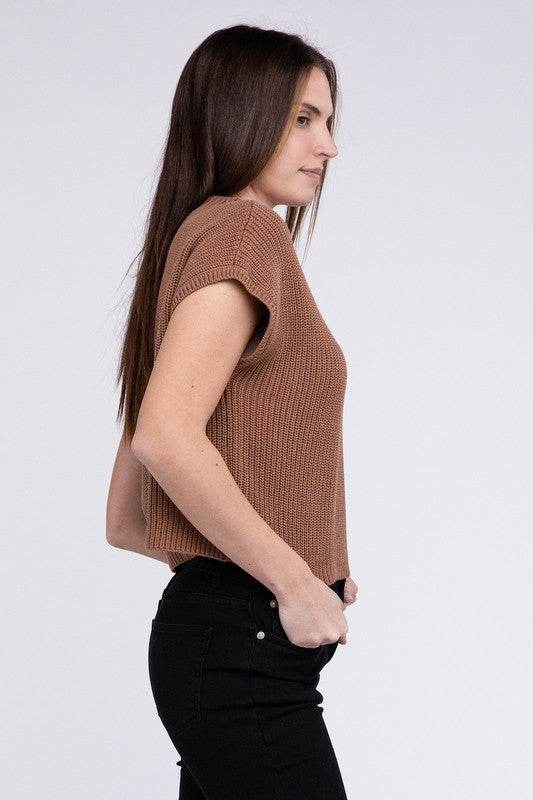 Mock Neck Short Sleeve Cropped Sweater - DaTrendStore.Com
