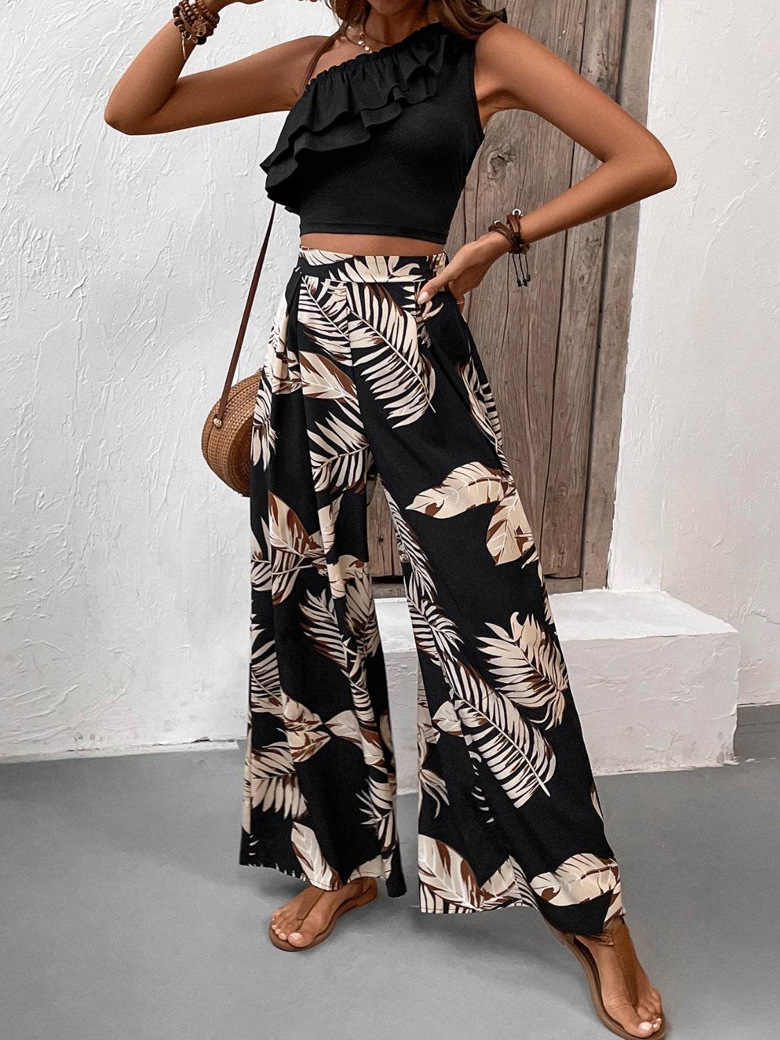 Honey Ruffled Sleeveless Top and Printed Pants Set - DaTrendStore.Com