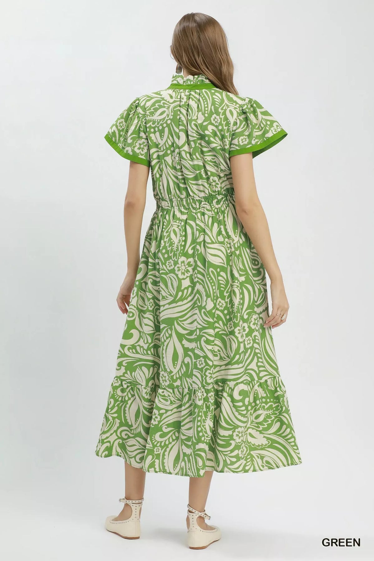 Umgee Paisley Print Midi Dress with Side Pockets - Green