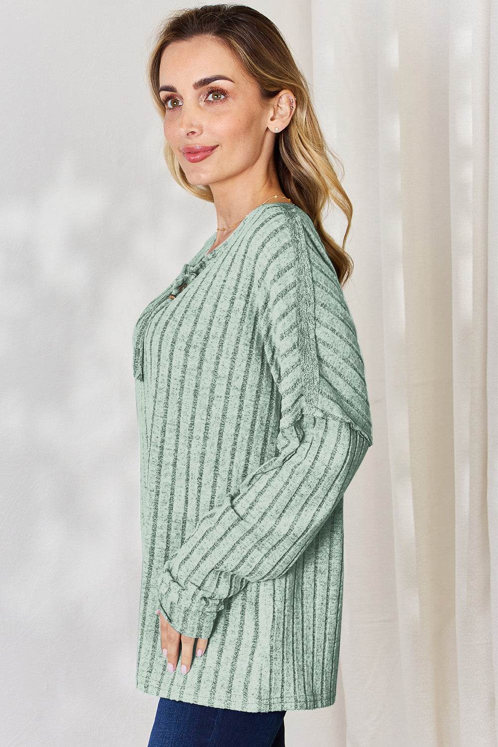 Basic Bae Full Size Ribbed Half Button Long Sleeve T-Shirt - DaTrendStore.Com