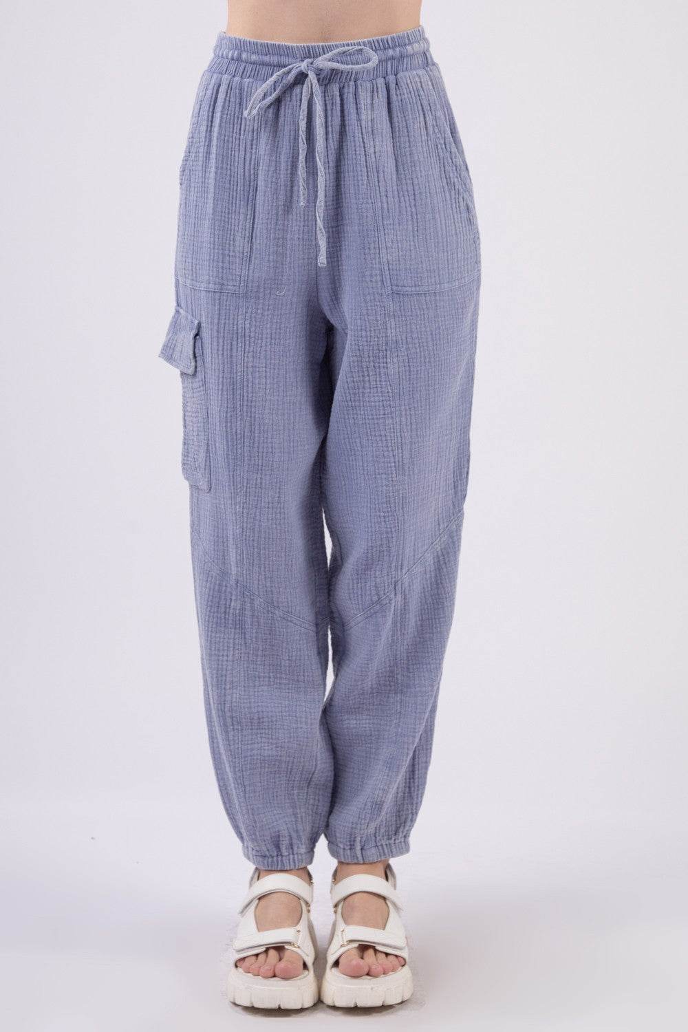 VERY J Washed Woven Crinkle Gauze Drawstring Cargo Pants - DaTrendStore.Com
