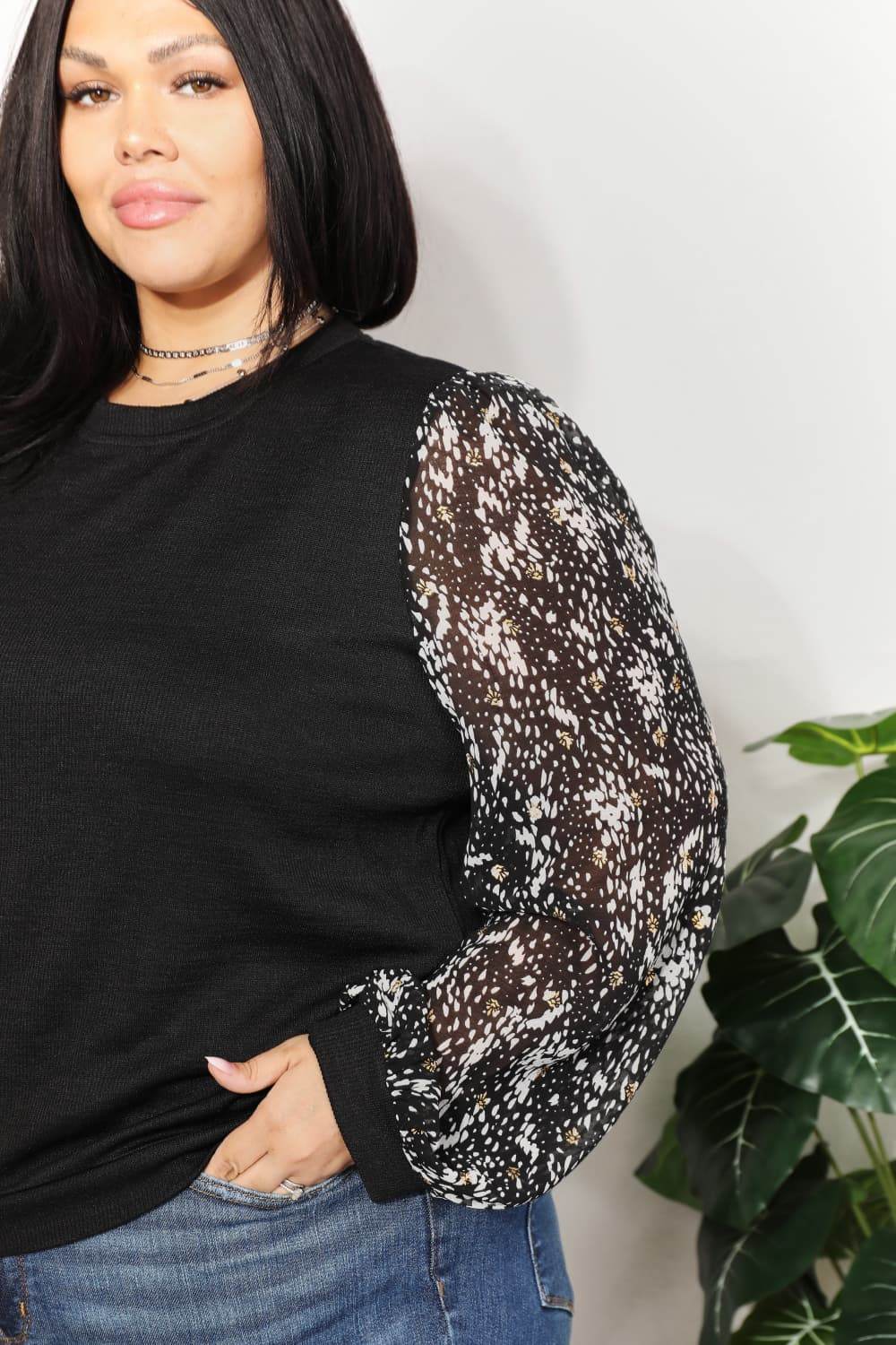And The Why Full Size Foil Printed Sleeve Top - DaTrendStore.Com