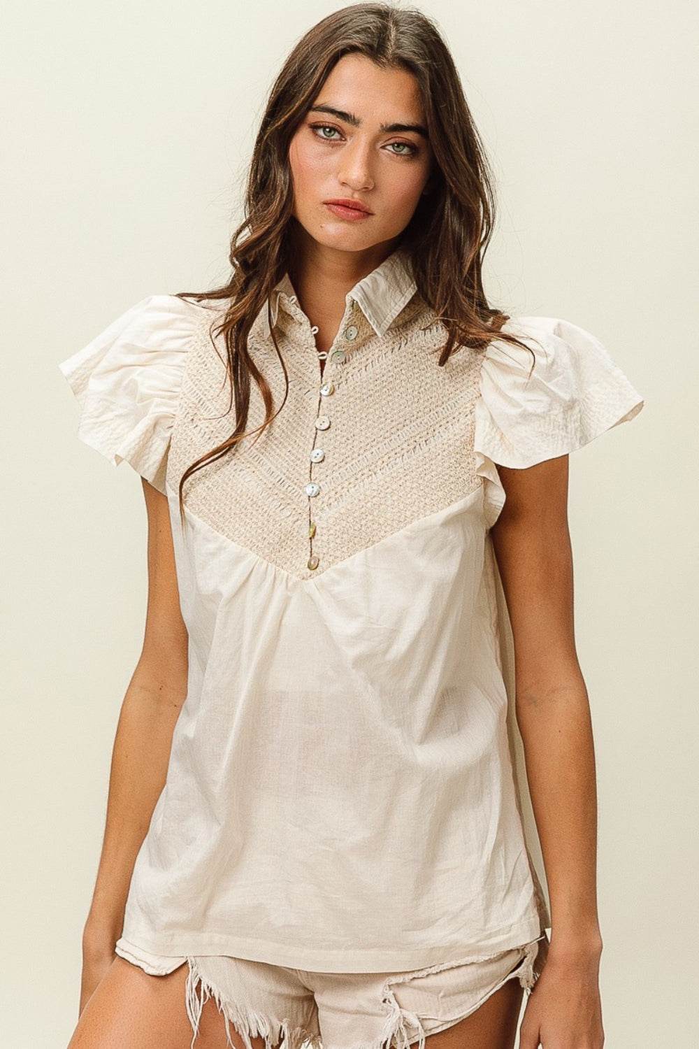 BiBi Half Button Collared Neck Short Sleeve Top - DaTrendStore.Com