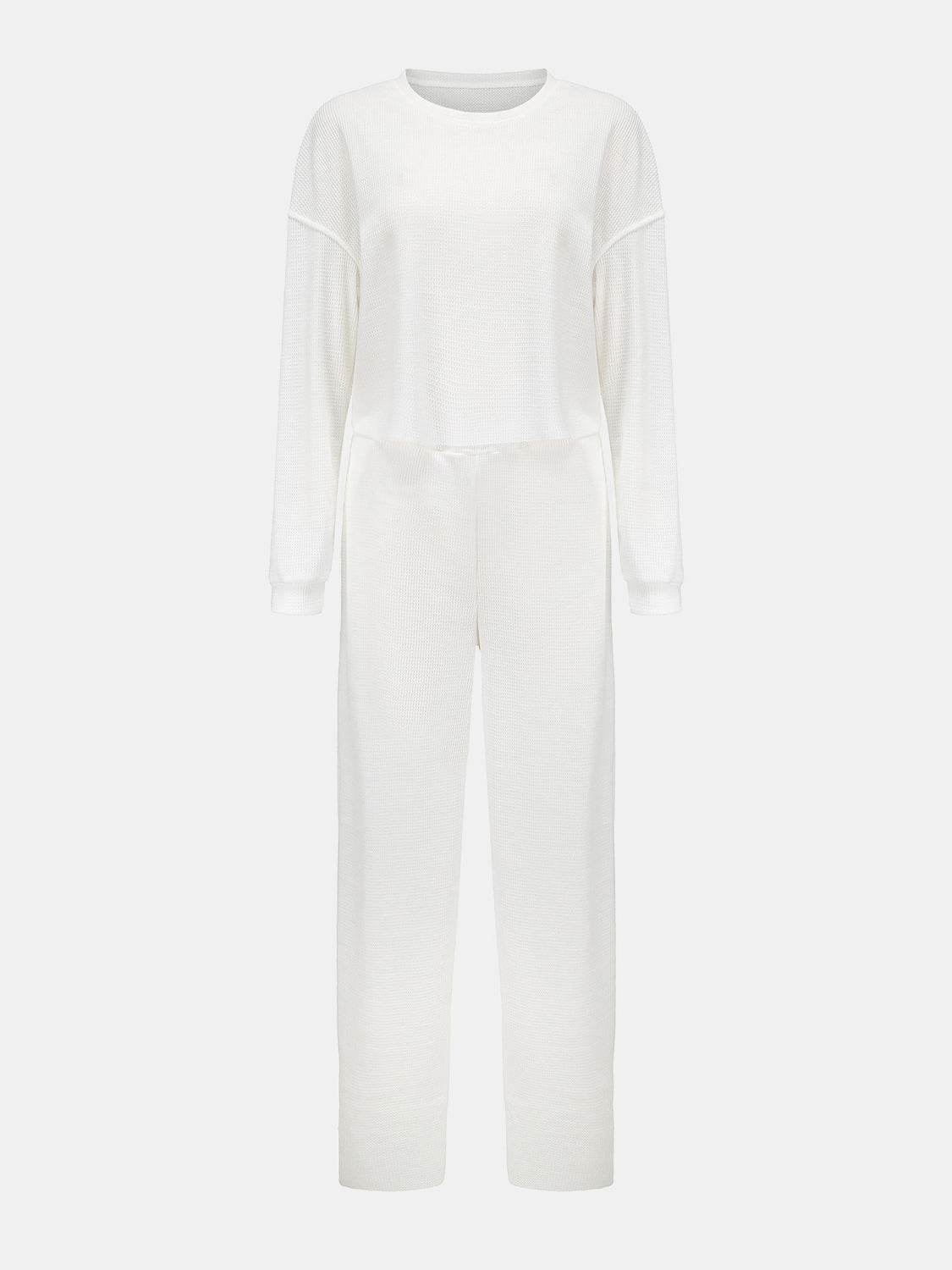 Waffle-Knit Round Neck Top and Pants Set - DaTrendStore.Com