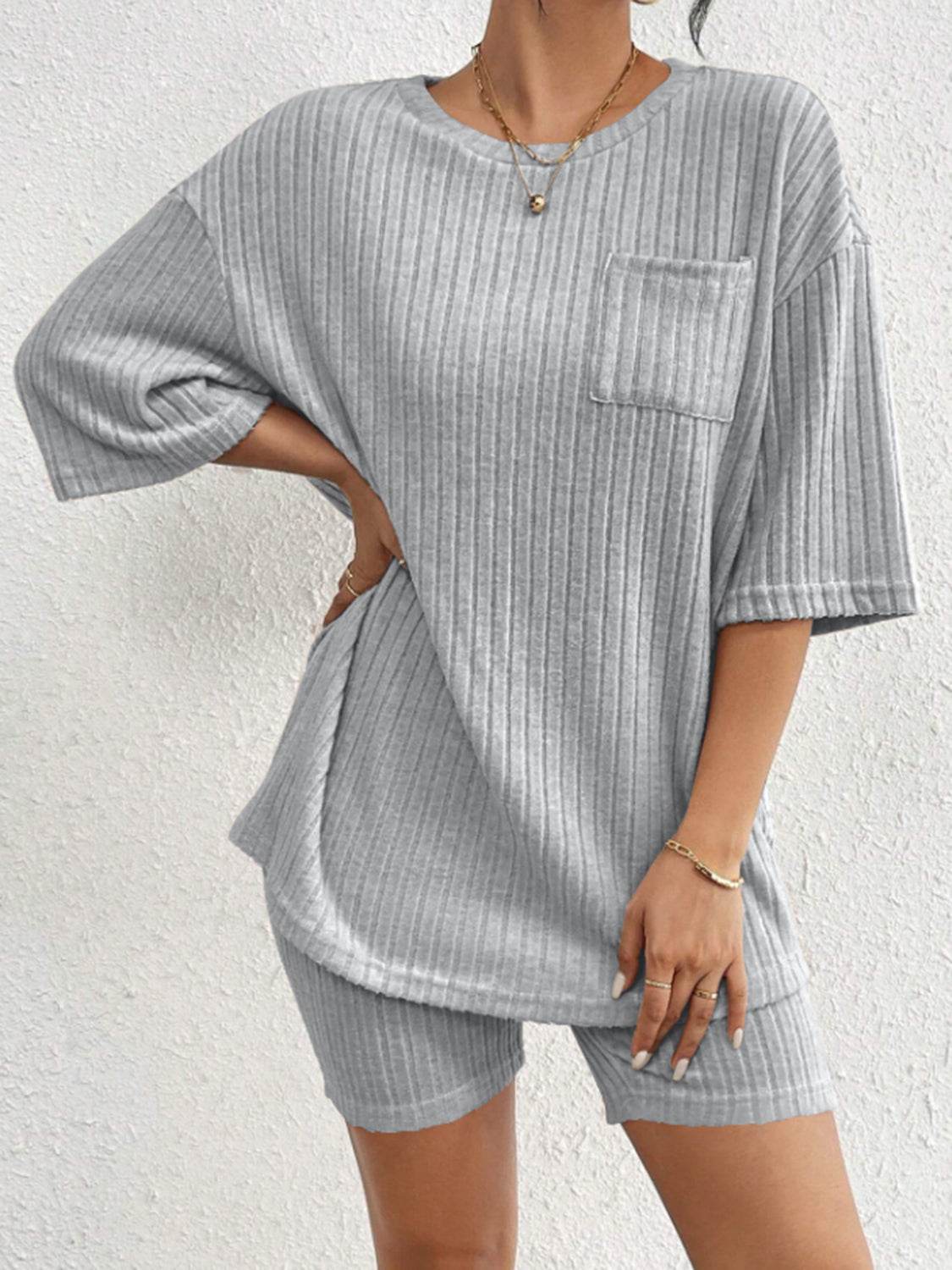 Ribbed Round Neck Top and Shorts Set - DaTrendStore.Com