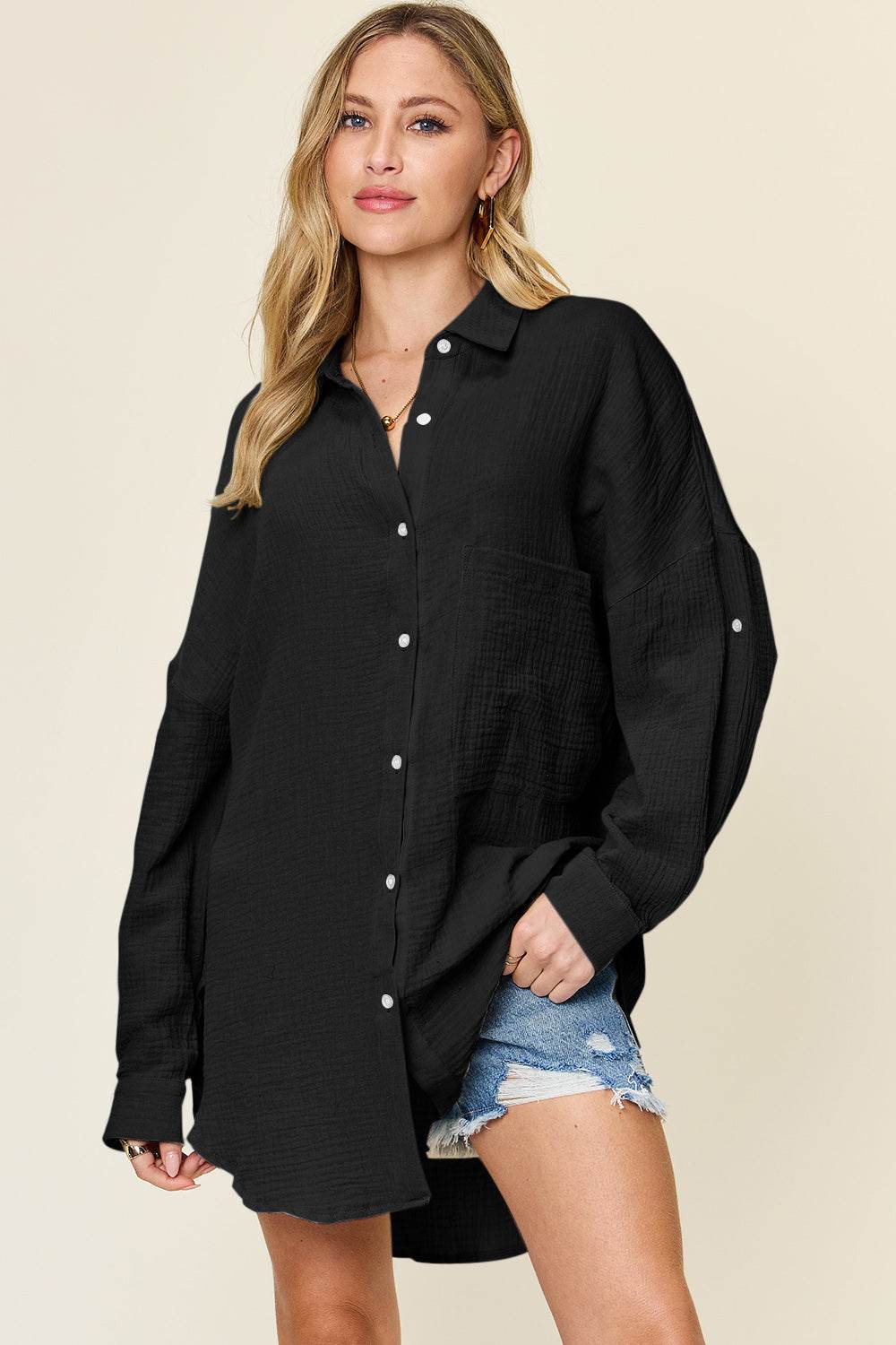 Double Take Full Size Pocketed Texture Button Up Shirt - DaTrendStore.Com