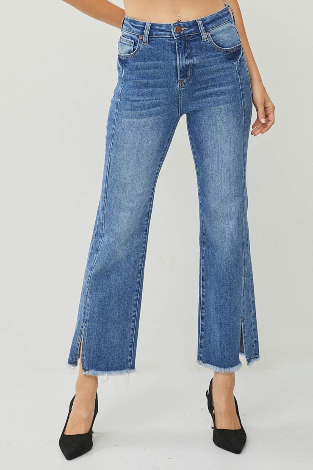 RISEN High Waist Raw Hem Slit Straight Jeans - DaTrendStore.Com