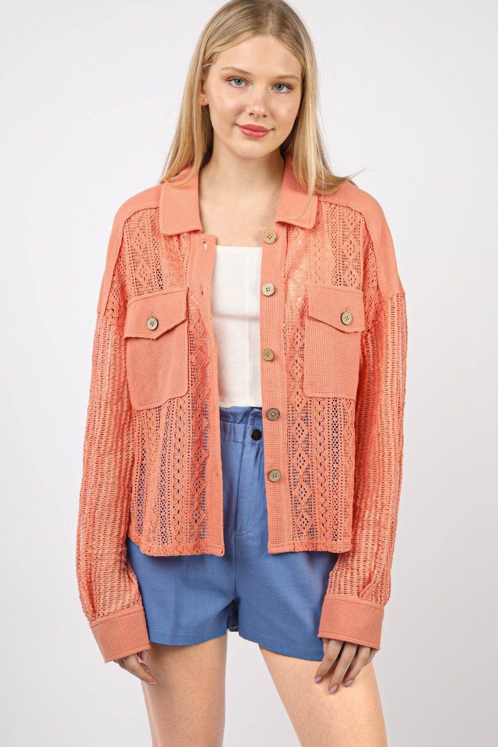 VERY J Button Up Long Sleeve Lace Shirt - DaTrendStore.Com