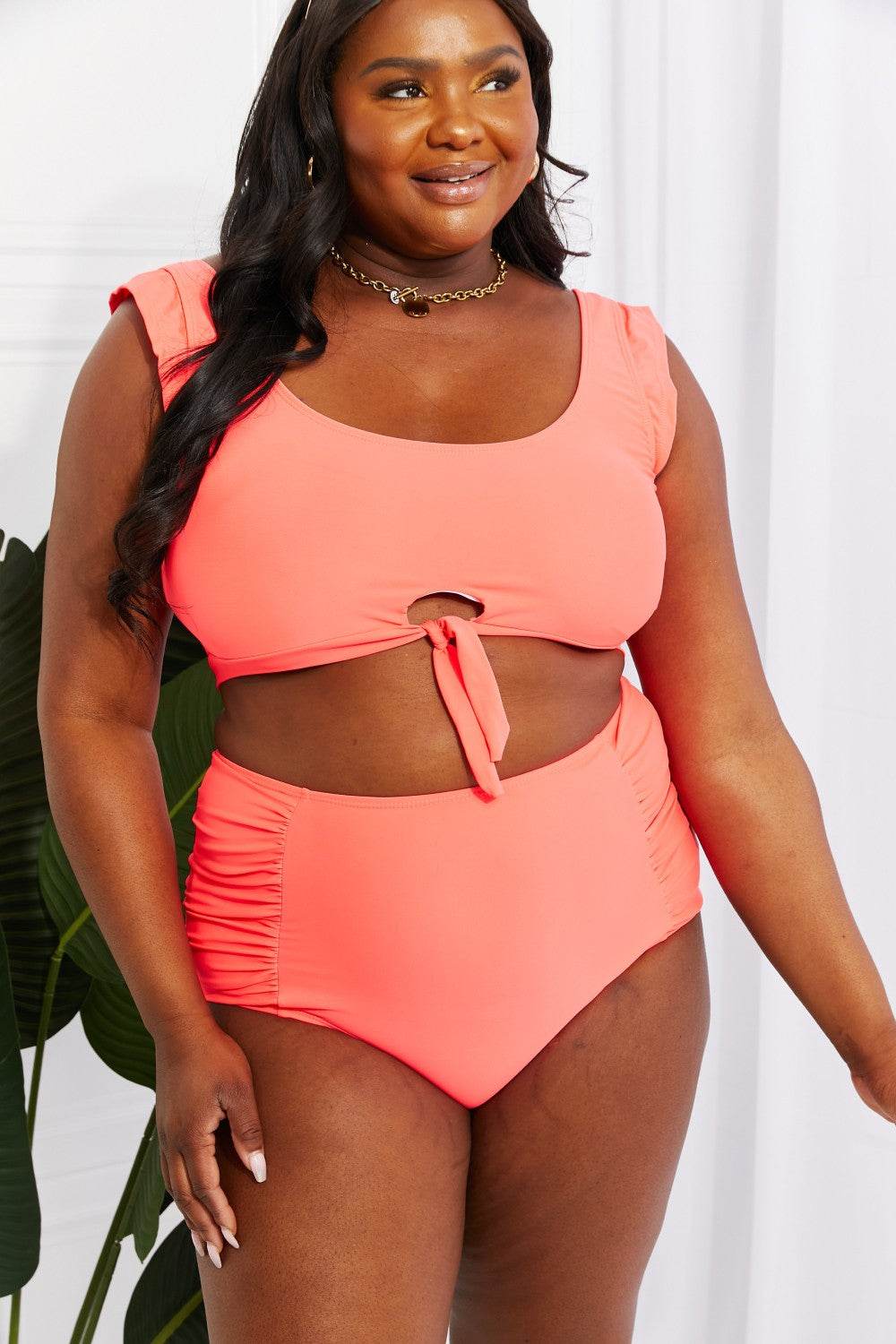 Marina West Swim Sanibel Crop Swim Top and Ruched Bottoms Set in Coral - DaTrendStore.Com