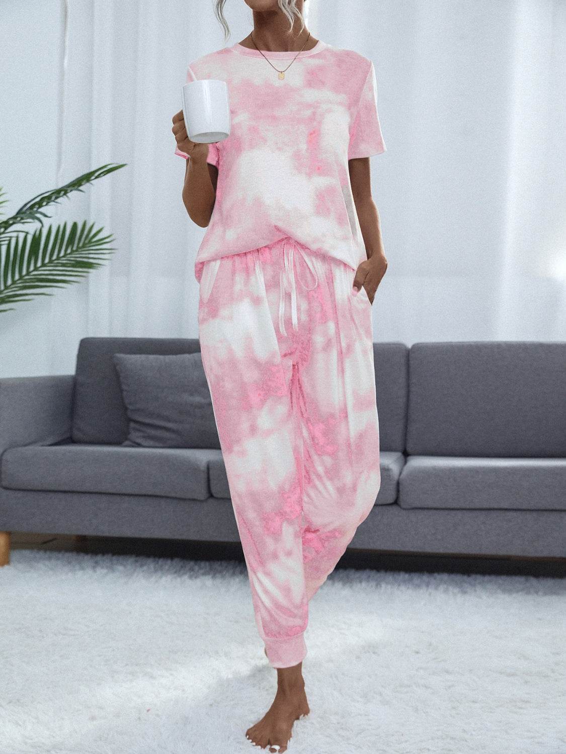Shiny Tie-Dye Round Neck Short Sleeve Top and Pants - DaTrendStore.Com