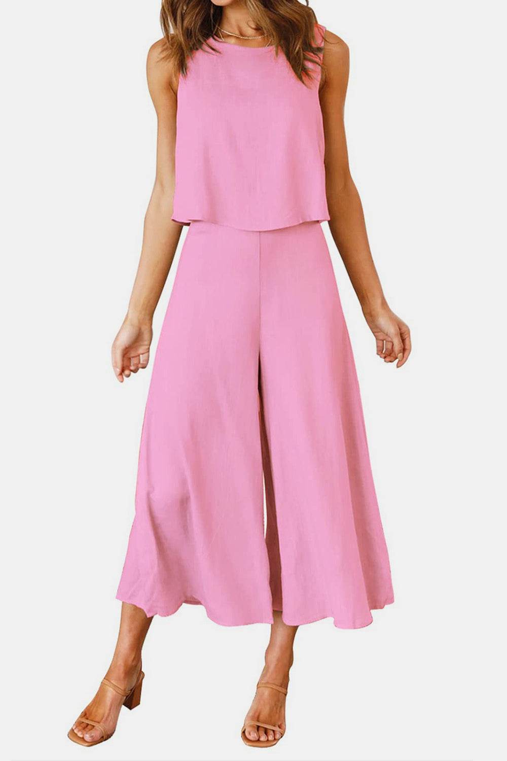 Round Neck Top and Wide Leg Pants Set - DaTrendStore.Com
