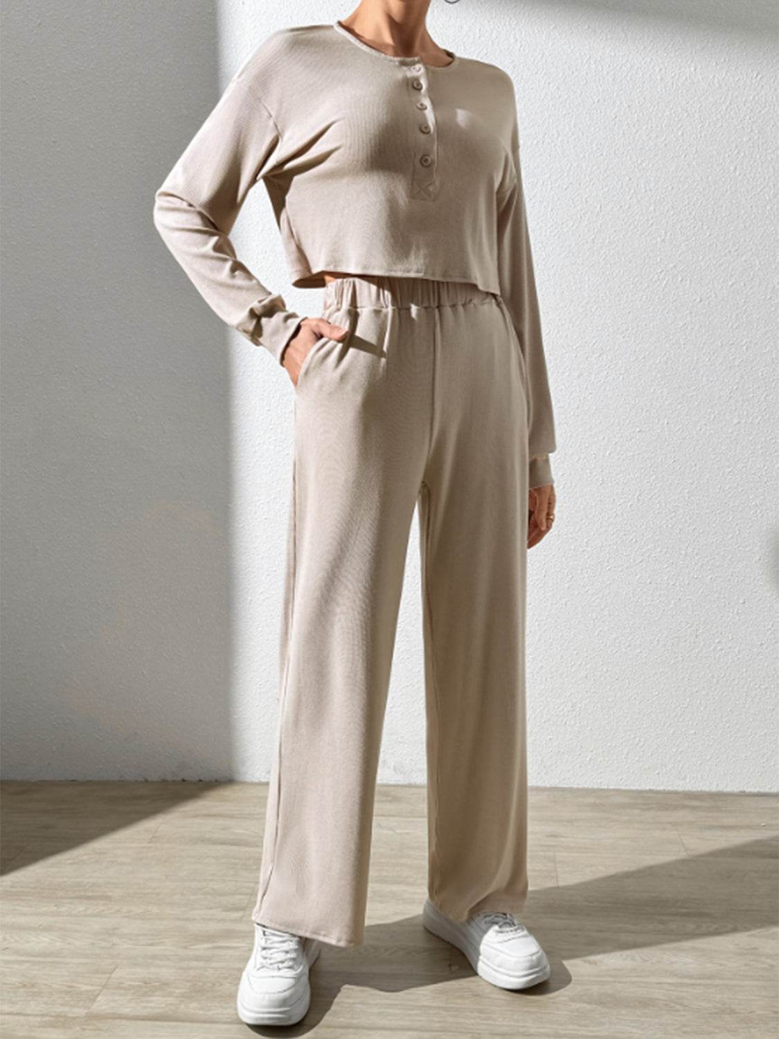 Half Button Long Sleeve Top and Pants Set - DaTrendStore.Com