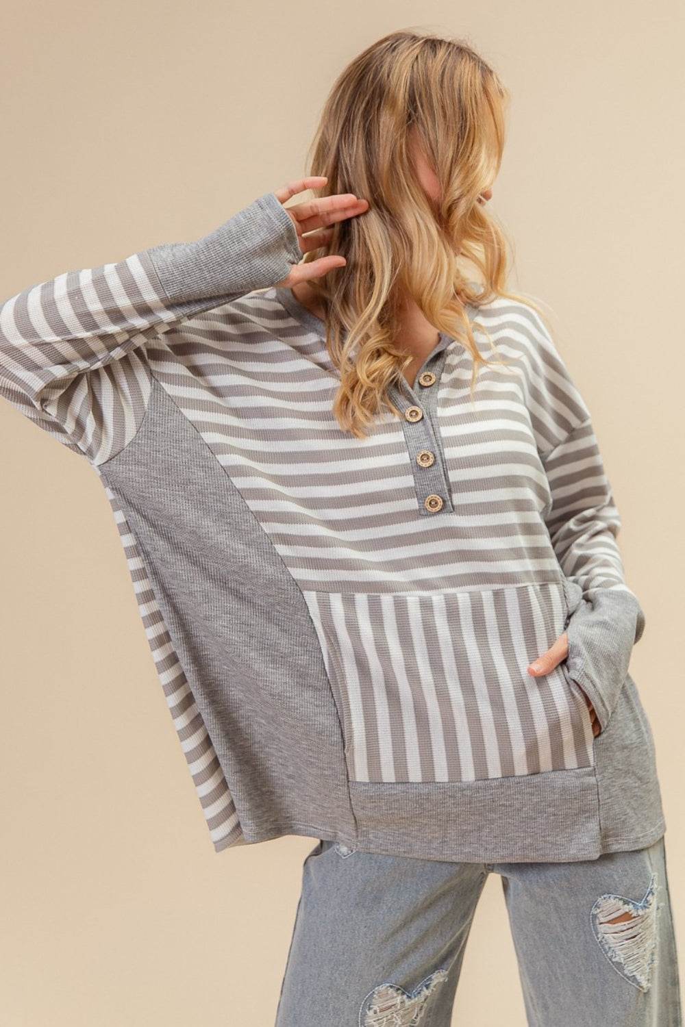 BiBi Striped Thumbhole Long Sleeve Top - DaTrendStore.Com
