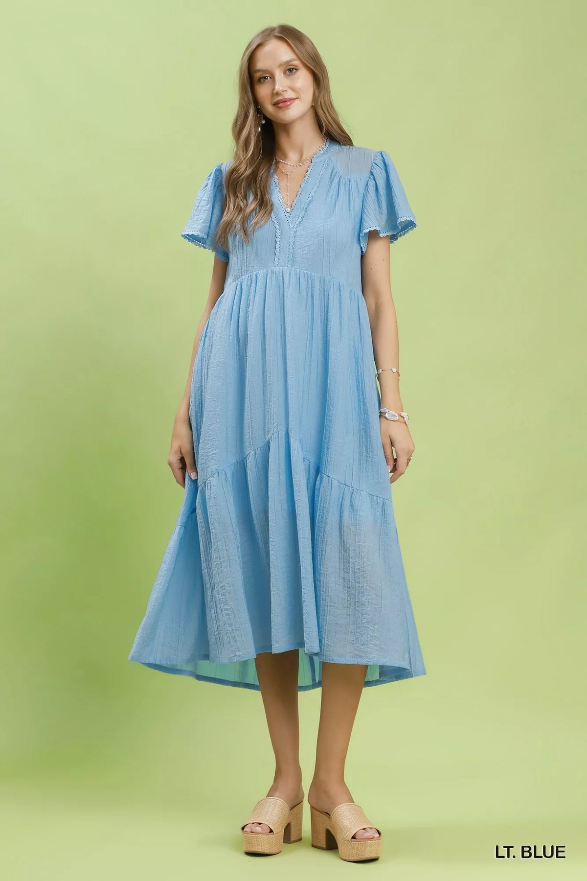 Umgee Textured Tiered Midi Dress with Side Pockets - Lt. Blue