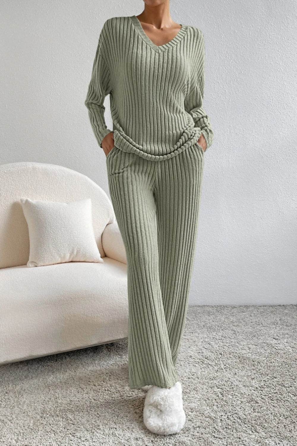 Ribbed V-Neck Top and Pants Set - DaTrendStore.Com
