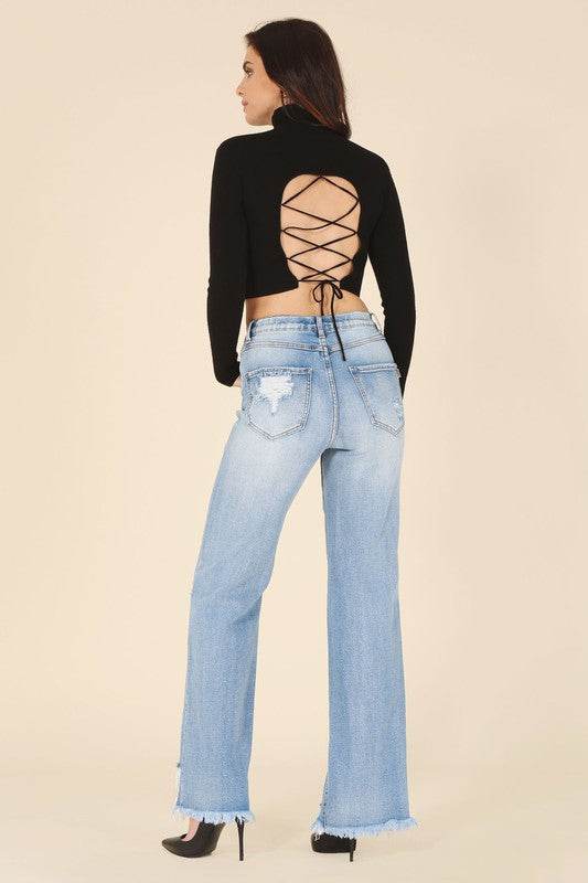 Mock neck lace-up open back top - DaTrendStore.Com