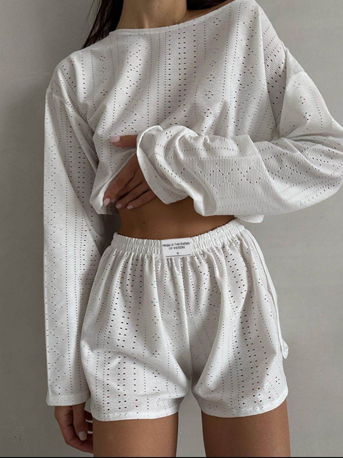 Eyelet Round Neck Top and Shorts Set - DaTrendStore.Com