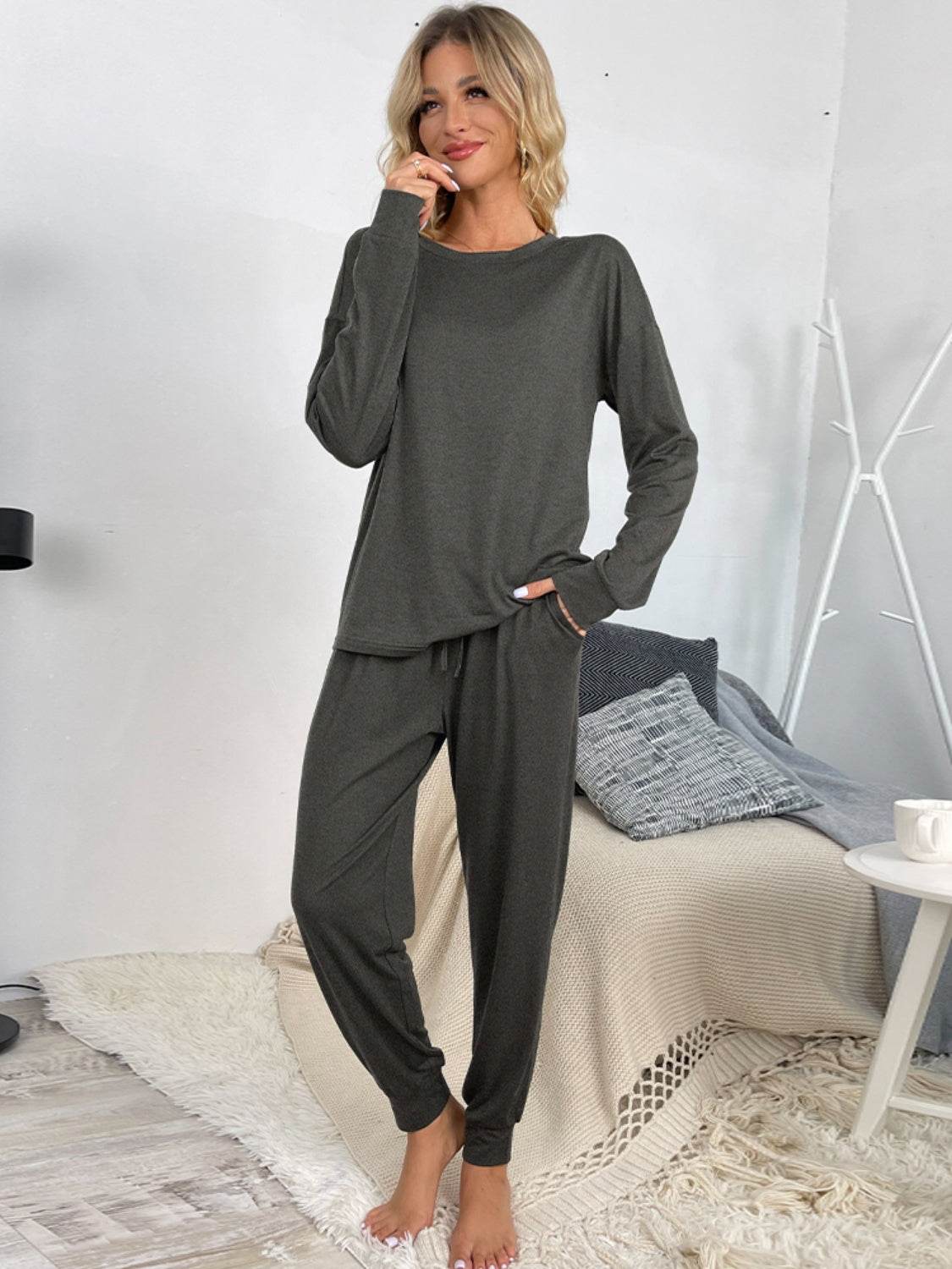 Shiny Round Neck Top and Drawstring Pants Lounge Set - DaTrendStore.Com