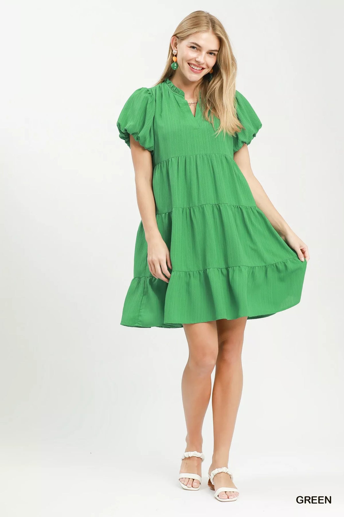 Umgee Puff Sleeve Tiered Babydoll Dress - Green