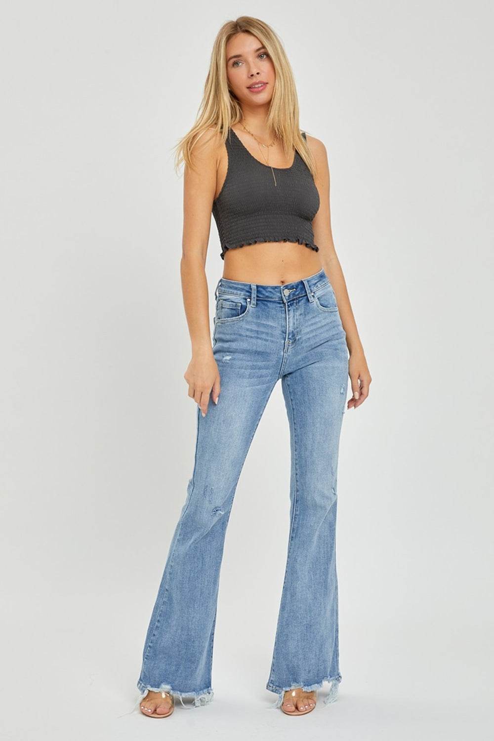 Risen Full Size High Rise Frayed Hem Flare Jeans - DaTrendStore.Com