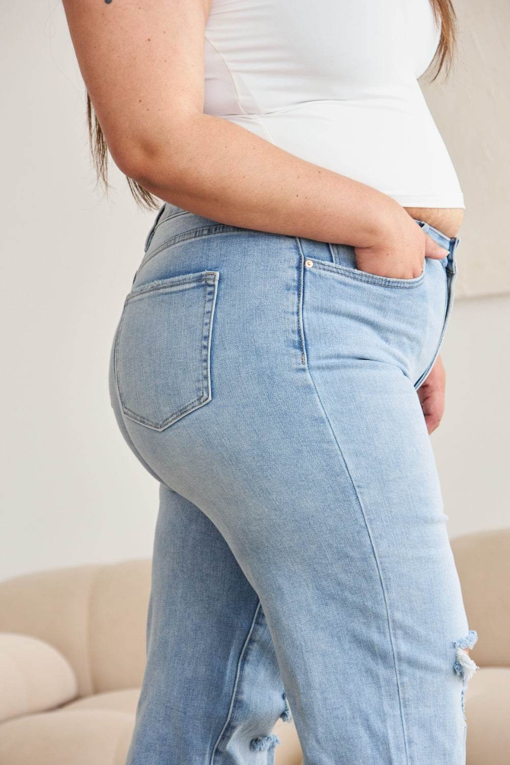 RFM Full Size Tummy Control High Waist Raw Hem Distressed Jeans - DaTrendStore.Com