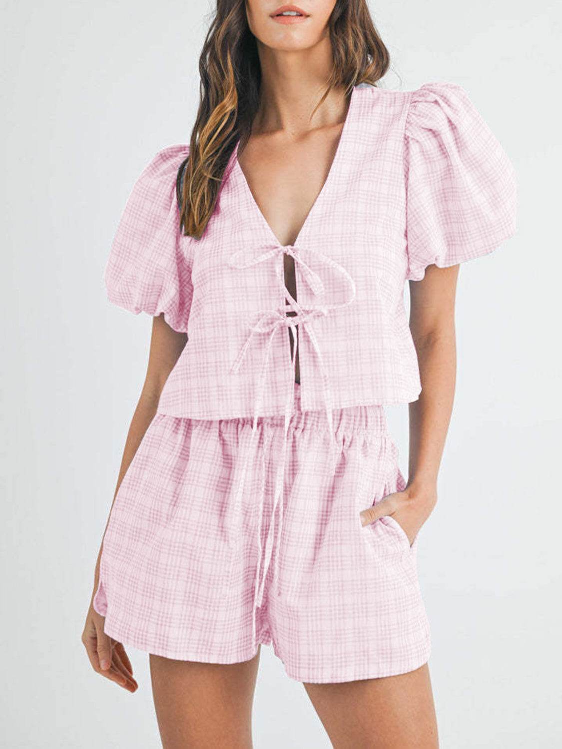 V-Neck Puff Sleeve Top and Shorts Set - DaTrendStore.Com